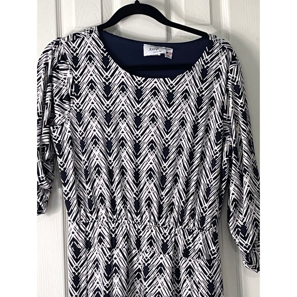Jody California Navy White Geometric Chevron Midi Dress Elastic Wst Large 12950M